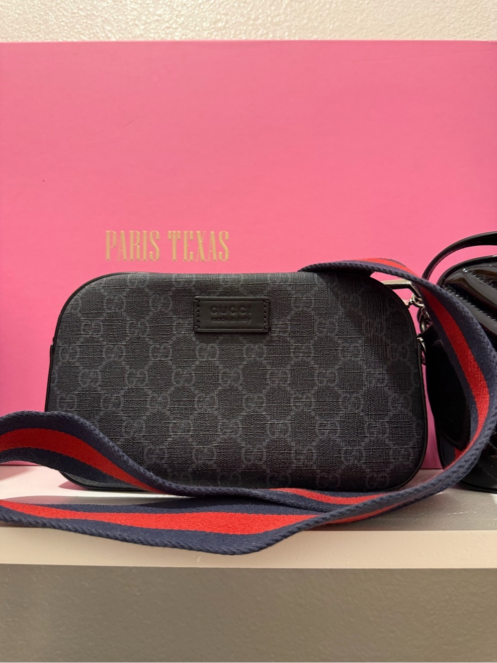 Gucci Black GG Canvas Crossbody with Red and Navy Web Strap